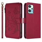 For OnePlus Nord 2 Lite 5G / CE 2 Lite Butterfly Love Flower Multi-card Zipper Wallet Leather Phone Case(Wine Red) - 2