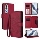 For OnePlus Nord CE4 5G Butterfly Love Flower Multi-card Zipper Wallet Leather Phone Case(Wine Red) - 1
