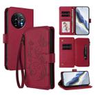 For OnePlus 11 Butterfly Love Flower Multi-card Zipper Wallet Leather Phone Case(Wine Red) - 1