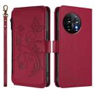 For OnePlus 11 Butterfly Love Flower Multi-card Zipper Wallet Leather Phone Case(Wine Red) - 2