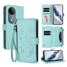 For vivo V50 5G Global / V50e 5G Butterfly Love Flower Multi-card Zipper Wallet Leather Phone Case(Mint Green) - 1