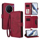 For vivo X200 Pro mini Butterfly Love Flower Multi-card Zipper Wallet Leather Phone Case(Wine Red) - 1