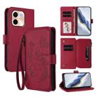 For vivo Y28 4G Global Butterfly Love Flower Multi-card Zipper Wallet Leather Phone Case(Wine Red) - 1
