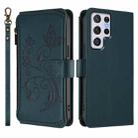 For Samsung Galaxy S22 Ultra 5G Butterfly Love Flower Multi-card Zipper Wallet Leather Phone Case(Dark Green) - 2