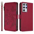 For Samsung Galaxy S21 Ultra 5G Butterfly Love Flower Multi-card Zipper Wallet Leather Phone Case(Wine Red) - 2