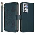 For Samsung Galaxy S21 Ultra 5G Butterfly Love Flower Multi-card Zipper Wallet Leather Phone Case(Dark Green) - 2