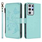 For Samsung Galaxy S21 Ultra 5G Butterfly Love Flower Multi-card Zipper Wallet Leather Phone Case(Mint Green) - 2