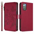 For Samsung Galaxy Note20 Butterfly Love Flower Multi-card Zipper Wallet Leather Phone Case(Wine Red) - 2