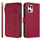 For OPPO Find X5 Pro Butterfly Love Flower Multi-card Zipper Wallet Leather Phone Case(Wine Red) - 2