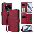 For OPPO Find X6 Pro 5G Butterfly Love Flower Multi-card Zipper Wallet Leather Phone Case(Wine Red) - 1