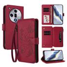For OPPO Find X7 Butterfly Love Flower Multi-card Zipper Wallet Leather Phone Case(Wine Red) - 1