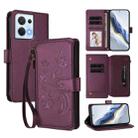 For OPPO Reno8 5G Butterfly Love Flower Multi-card Zipper Wallet Leather Phone Case(Dark Purple) - 1
