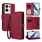 For OPPO Reno8 Pro 5G Butterfly Love Flower Multi-card Zipper Wallet Leather Phone Case(Wine Red) - 1