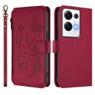 For OPPO Reno8 Pro 5G Butterfly Love Flower Multi-card Zipper Wallet Leather Phone Case(Wine Red) - 2