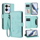 For OPPO Reno8 Pro 5G Butterfly Love Flower Multi-card Zipper Wallet Leather Phone Case(Mint Green) - 1