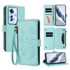 For OPPO Reno11 F 5G Global Butterfly Love Flower Multi-card Zipper Wallet Leather Phone Case(Mint Green) - 1
