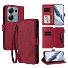 For Redmi Note 14S 4G / Note 13 Pro 4G Butterfly Love Flower Multi-card Zipper Wallet Leather Phone Case(Wine Red) - 1