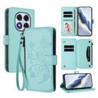 For Redmi Note 14 Pro 5G / Note 14 Pro+ 5G Butterfly Love Flower Multi-card Zipper Wallet Leather Phone Case(Mint Green) - 1