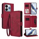 For Redmi Note 14 5G / Xiaomi Poco M7 Pro 5G Butterfly Love Flower Multi-card Zipper Wallet Leather Phone Case(Wine Red) - 1