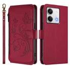 For Redmi Note 13 5G Butterfly Love Flower Multi-card Zipper Wallet Leather Phone Case(Wine Red) - 2