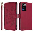 For Redmi Note 11 Pro+ 5G / Xiaomi Poco X4 NFC Butterfly Love Flower Multi-card Zipper Wallet Leather Phone Case(Wine Red) - 2