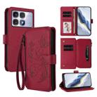 For Redmi K70 Ultra Butterfly Love Flower Multi-card Zipper Wallet Leather Phone Case(Wine Red) - 1