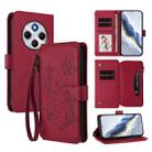 For Redmi A4 5G / A3 Pro / 14C 4G / 14R Butterfly Love Flower Multi-card Zipper Wallet Leather Phone Case(Wine Red) - 1