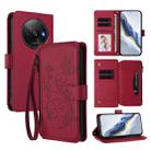 For Redmi A3 / A3x / Xiaomi Poco C61 Butterfly Love Flower Multi-card Zipper Wallet Leather Phone Case(Wine Red) - 1