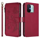 For Redmi 11A / Xiaomi Poco C55 Butterfly Love Flower Multi-card Zipper Wallet Leather Phone Case(Wine Red) - 2