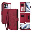 For Xiaomi Poco F6 Pro Butterfly Love Flower Multi-card Zipper Wallet Leather Phone Case(Wine Red) - 1