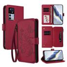 For Xiaomi 12T / 12T Pro / Redmi K50 Ultra Butterfly Love Flower Multi-card Zipper Wallet Leather Phone Case(Wine Red) - 1