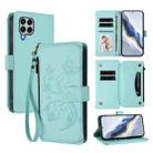 For Samsung Galaxy M33 5G Butterfly Love Flower Multi-card Zipper Wallet Leather Phone Case(Mint Green) - 1