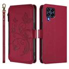 For Samsung Galaxy M53 5G Butterfly Love Flower Multi-card Zipper Wallet Leather Phone Case(Wine Red) - 2