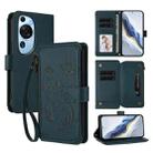 For Huawei P60 Art Butterfly Love Flower Multi-card Zipper Wallet Leather Phone Case(Dark Green) - 1