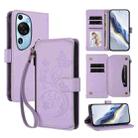 For Huawei P60 Art Butterfly Love Flower Multi-card Zipper Wallet Leather Phone Case(Light Purple) - 1