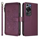 For Huawei P60 / P60 Pro Butterfly Love Flower Multi-card Zipper Wallet Leather Phone Case(Dark Purple) - 2