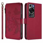 For Huawei P60 / P60 Pro Butterfly Love Flower Multi-card Zipper Wallet Leather Phone Case(Wine Red) - 2