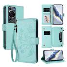 For Huawei P60 / P60 Pro Butterfly Love Flower Multi-card Zipper Wallet Leather Phone Case(Mint Green) - 1