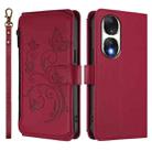 For Honor 90 5G Butterfly Love Flower Multi-card Zipper Wallet Leather Phone Case(Wine Red) - 2