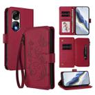 For Honor 90 Pro 5G Butterfly Love Flower Multi-card Zipper Wallet Leather Phone Case(Wine Red) - 1