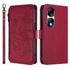 For Honor 90 Pro 5G Butterfly Love Flower Multi-card Zipper Wallet Leather Phone Case(Wine Red) - 2