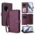For Honor 100 Pro 5G Butterfly Love Flower Multi-card Zipper Wallet Leather Phone Case(Dark Purple) - 1