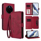 For Honor Magic7 5G Butterfly Love Flower Multi-card Zipper Wallet Leather Phone Case(Wine Red) - 1