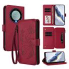 For Honor X9a 5G / Magic5 Lite / X40 Butterfly Love Flower Multi-card Zipper Wallet Leather Phone Case(Wine Red) - 1