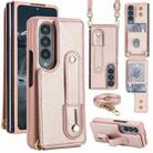 For Samsung Galaxy Z Fold4 5G Wristband Vertical Flip Wallet Back Cover Phone Case with Long Lanyard(Rose Gold) - 1