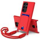 For Samsung Galaxy S24 Ultra 5G Integrated Card Bag Solid Color Liquid Silicone Phone Case Gen2 with Short Lanyard(Red) - 1