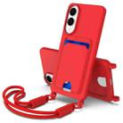 For Samsung Galaxy S25 Edge 5G Integrated Card Bag Solid Color Liquid Silicone Phone Case Gen2 with Short Lanyard(Red) - 1