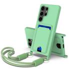 For Samsung Galaxy S25 Ultra 5G Integrated Card Bag Solid Color Liquid Silicone Phone Case Gen2 with Short Lanyard(Green) - 1