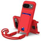 For Google Pixel 9  Integrated Card Bag Solid Color Liquid Silicone Phone Case Gen2 with Short Lanyard(Red) - 1