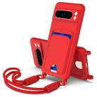 For Google Pixel 8 Pro Integrated Card Bag Solid Color Liquid Silicone Phone Case Gen2 with Short Lanyard(Red) - 1